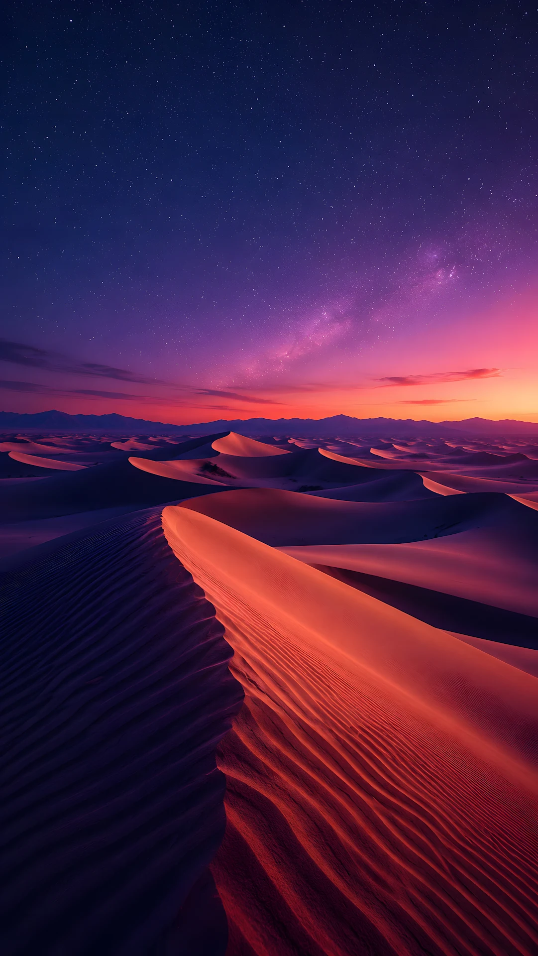Vast sand dunes illuminated under starry twilight sky - Free 4K mobile Wallpaper