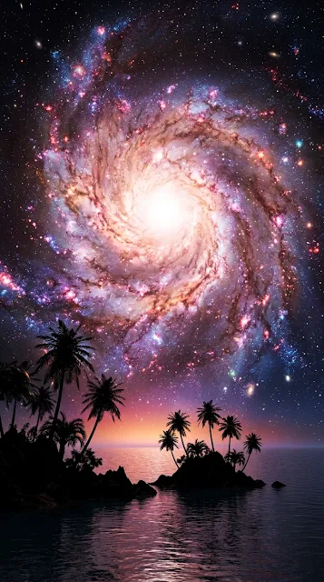 Vast Swirling Galaxy over Tranquil Ocean with Island Silhouettes - Free 4K & 8K mobile Wallpaper
