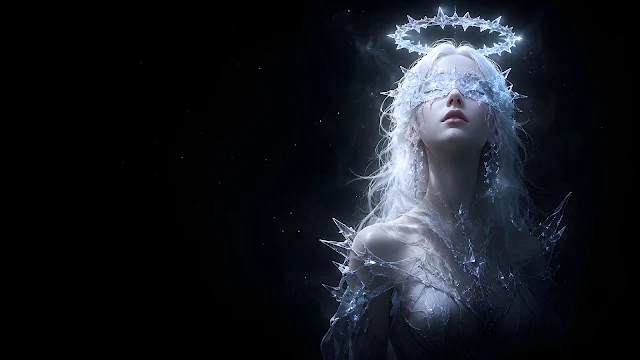 An ethereal character with white hair and a translucent crystal headpiece centered on an absolute black widescreen field.
