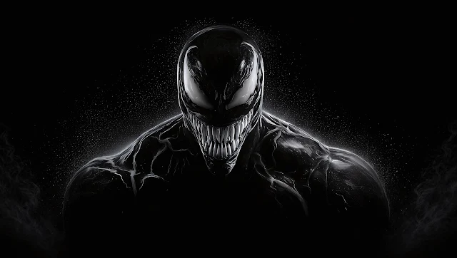 Black symbiote Venom grinning with sharp white teeth against a pitch black background under rim lighting.
