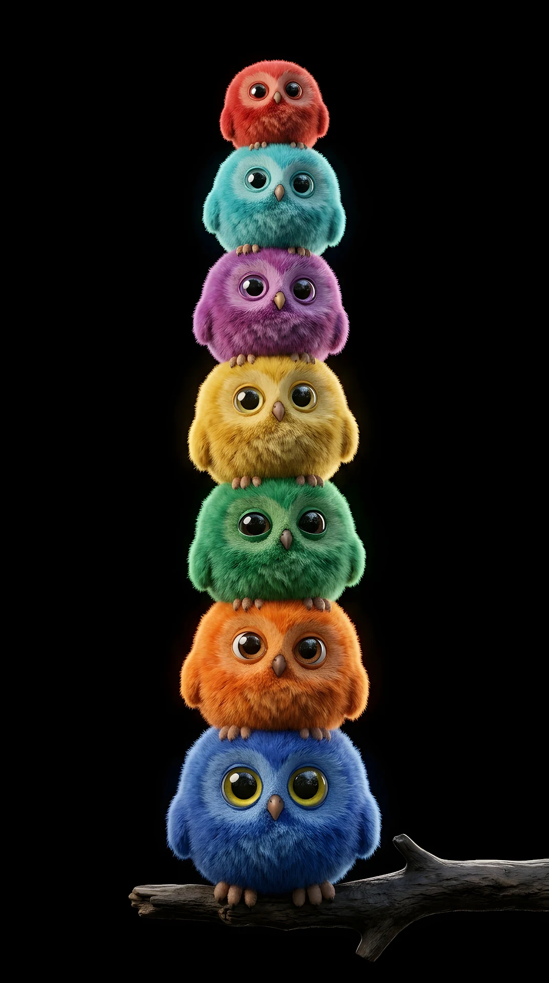 A Vertical Stack of Seven Colorful Fuzzy Owls on a Branch - Free 4K mobile Wallpaper