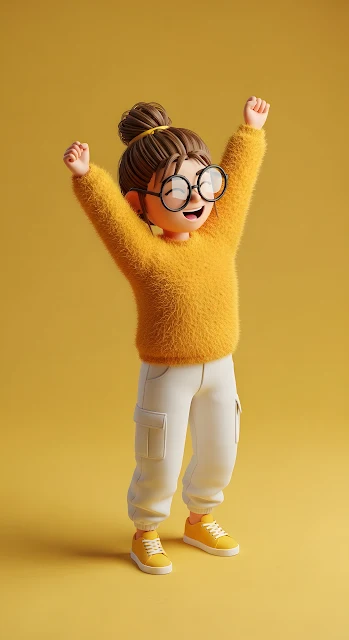 Vibrant 3D Character Illustration of a Happy Girl Cheering in a Yellow Sweater - Free mobile Wallpaper