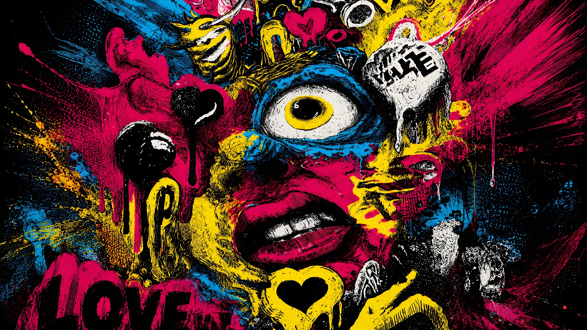 Vibrant abstract street art face covered in energetic paint splatters - Free 4K desktop Wallpaper