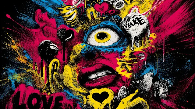 High-contrast abstract pop art illustration of an expressive face integrated with neon yellow, cyan, and magenta paint splatters and graffiti symbols.