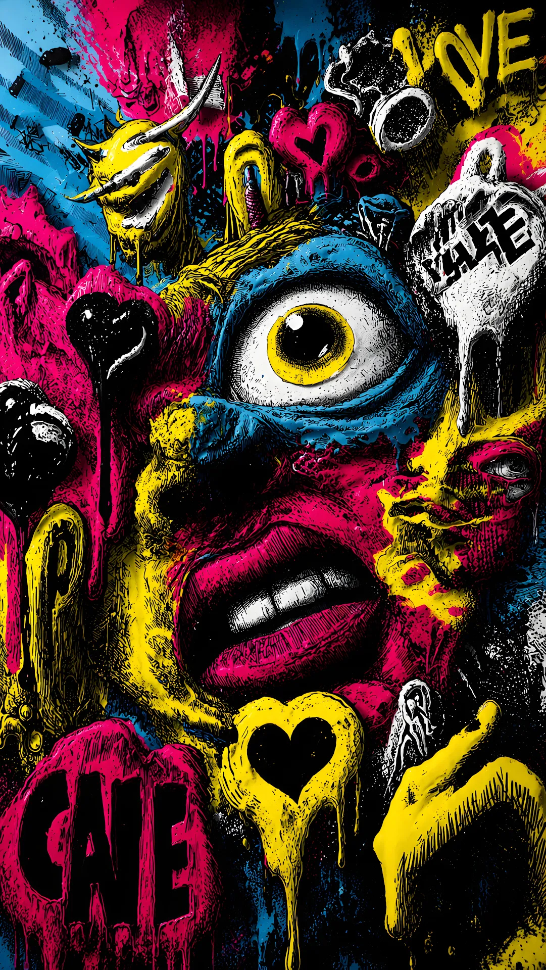 Vibrant abstract street art illustration with large eye and melting hearts - Free 4K mobile Wallpaper