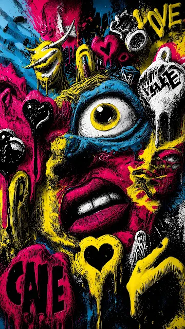 Vivid pop-art graffiti illustration featuring a large central eye, melting yellow and pink paint, dripping hearts, and street art lettering.