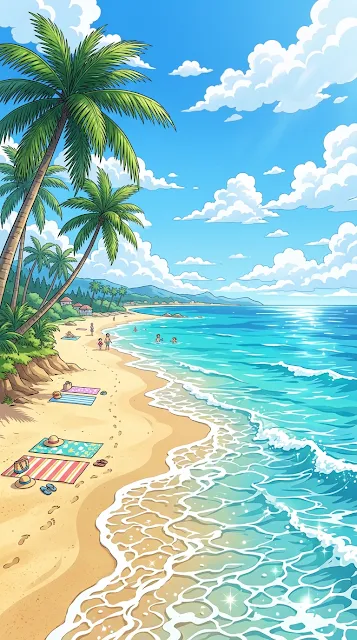 Vibrant Anime-Inspired Summer Beach Scene with Palm Trees - Free 4K & 8K mobile Wallpaper