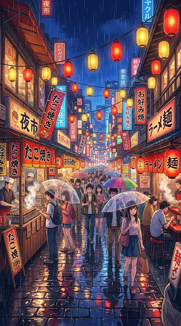 Vibrant Anime Style Night Market with Lanterns and Rain - Free 4K & 8K mobile Wallpaper