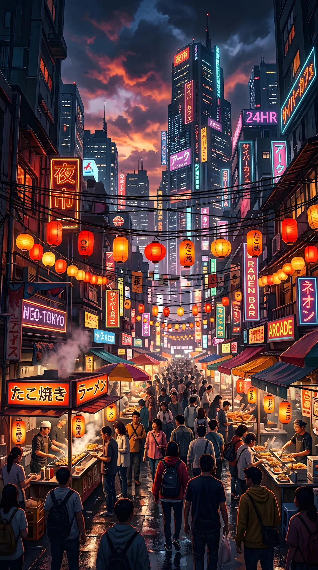 Vibrant Asian Metropolis Night Market Illustration - Free 4K mobile Wallpaper