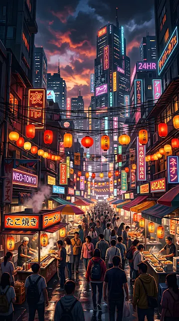 Vibrant Asian Metropolis Night Market Illustration - Free mobile Wallpaper