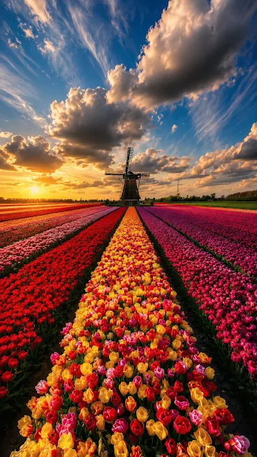 Endless rows of yellow, red, and pink tulips leading towards a traditional windmill under a sunset sky.