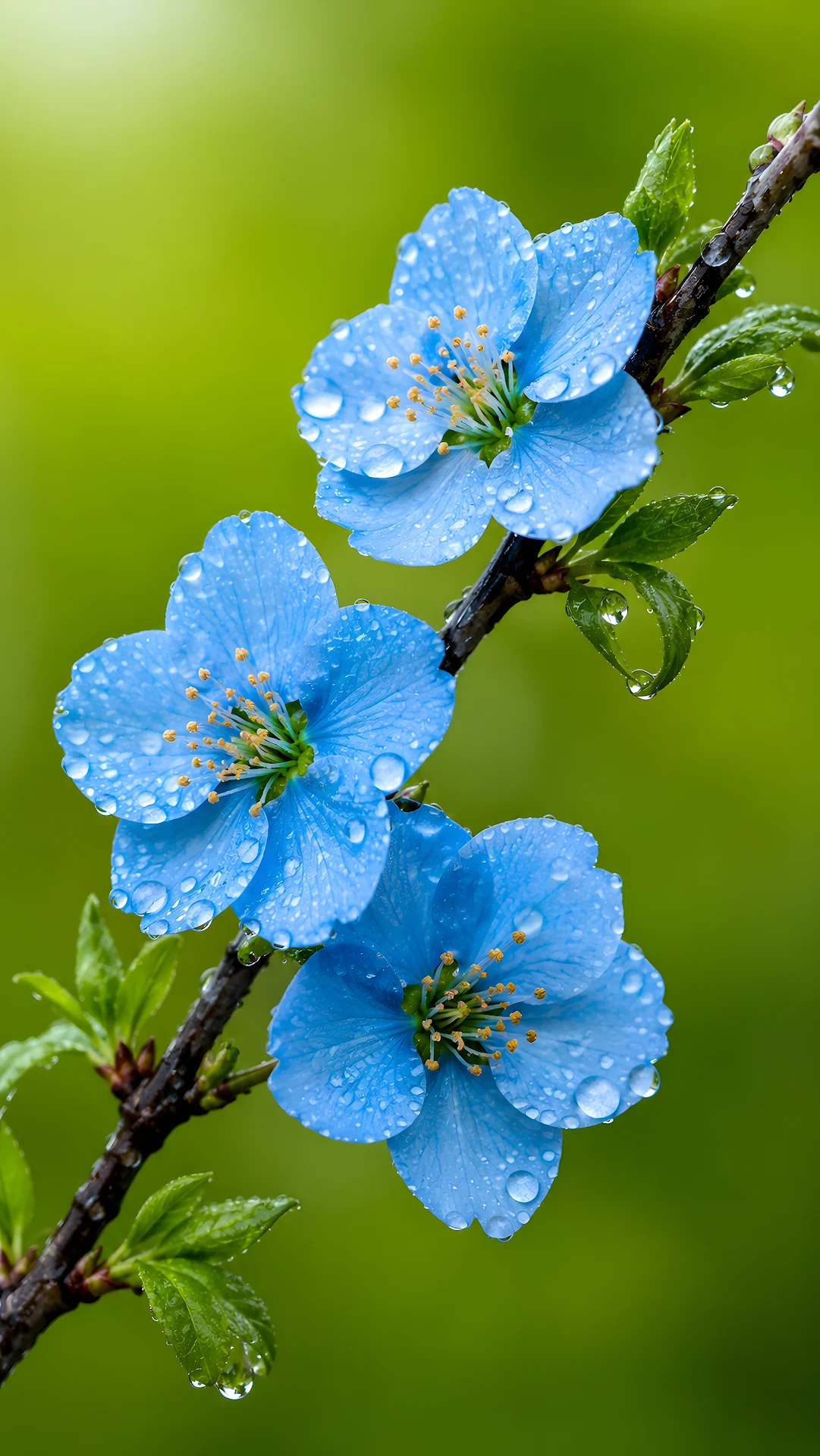 Vibrant blue cherry blossoms covered in fresh rain droplets - Free 4K mobile Wallpaper