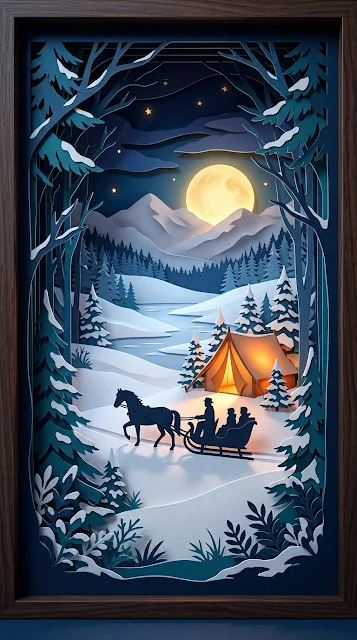 Vibrant Blue Papercut Sleigh Ride Winter Forest Background - Free 4K & 8K mobile Wallpaper