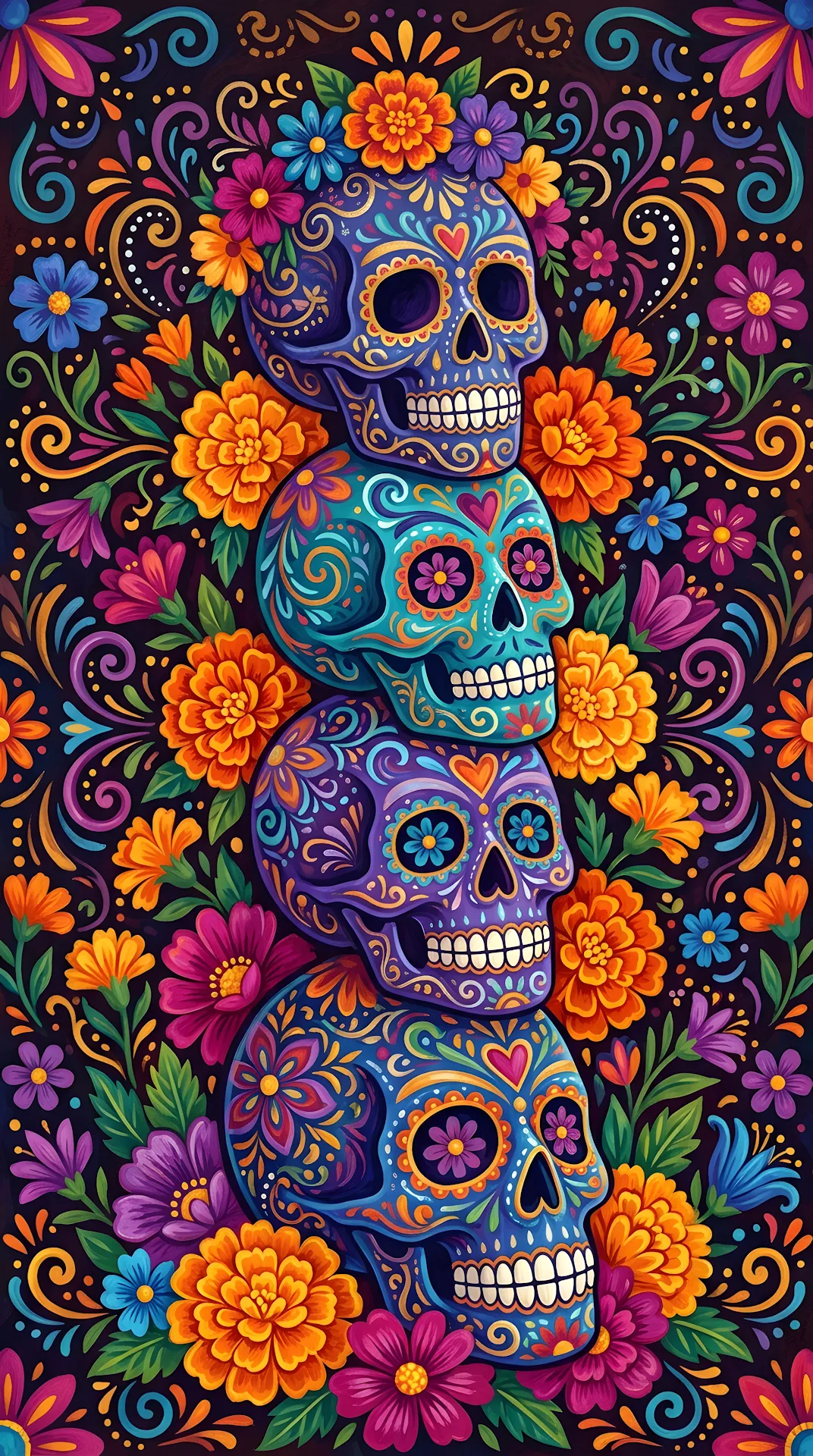 Vibrant Blue and Purple Sugar Skulls with Traditional Floral Decorations - Free 4K mobile Wallpaper