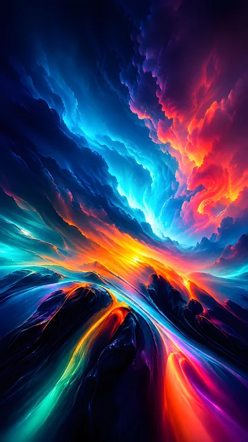 Swirling dynamic waves of cyan, orange, purple, and yellow glowing fluid clouds in a cosmic space visual.