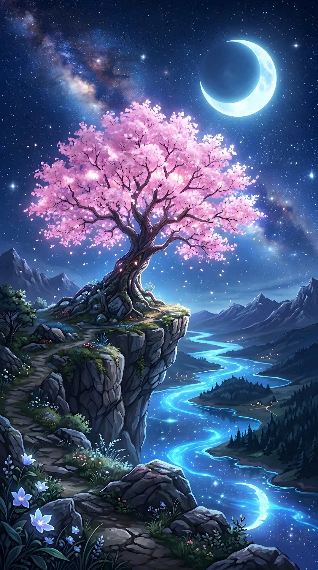 Vibrant Fantasy Landscape with Pink Tree and Glowing Blue Moon - Free 4K mobile Wallpaper