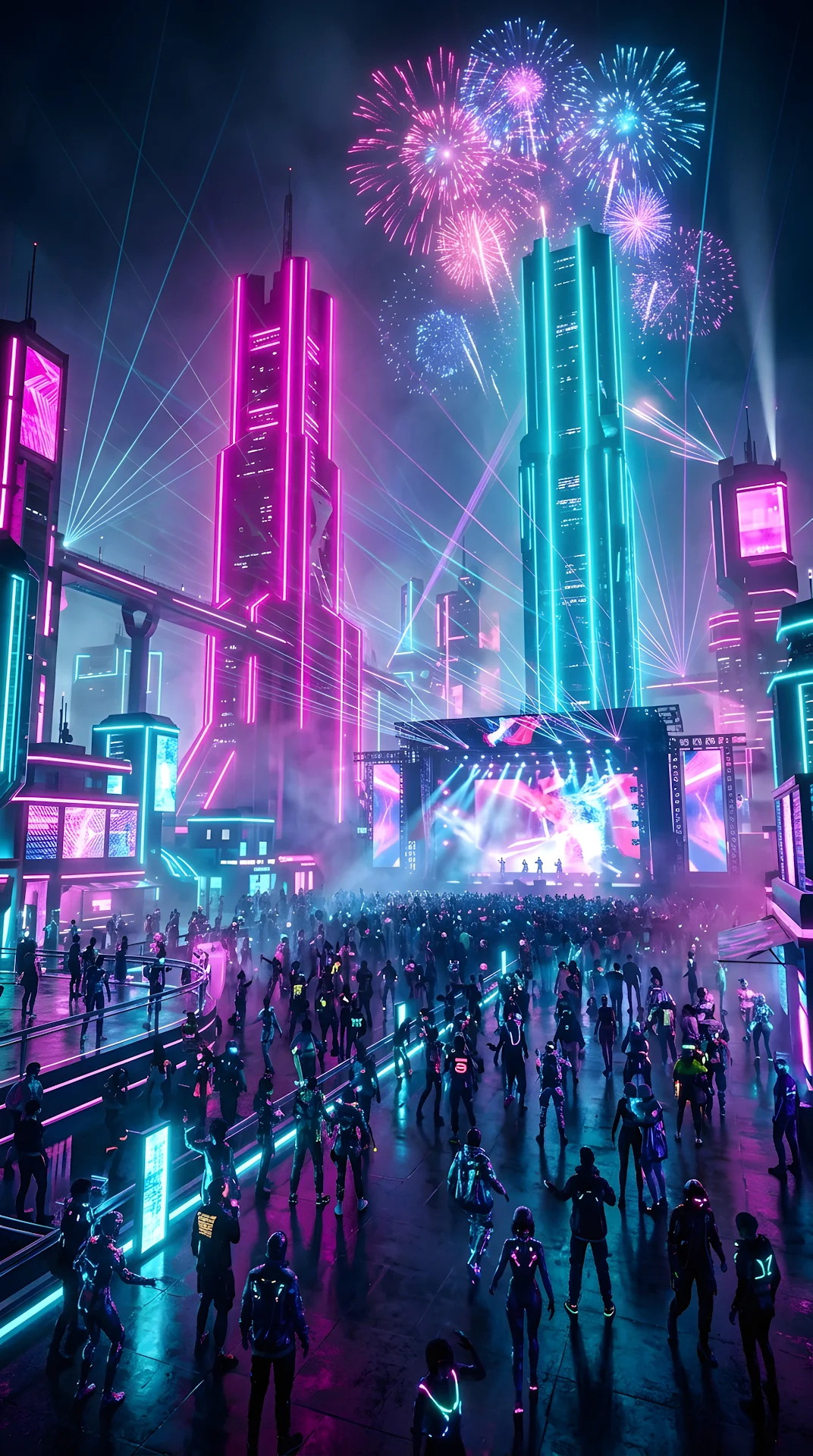 Vibrant Futuristic Festival with Neon Structures and Laser Displays - Free 4K mobile Wallpaper
