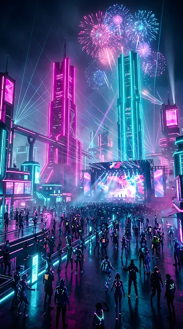 Vibrant Futuristic Festival with Neon Structures and Laser Displays - Free mobile Wallpaper