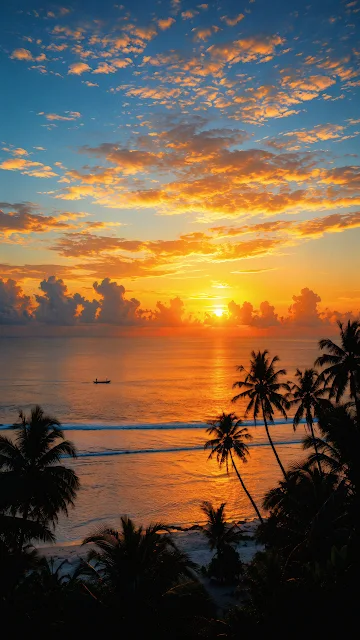 A breathtaking high-angle view of a golden orange ocean sunset with silhouettes of palm trees along a tropical beach.
