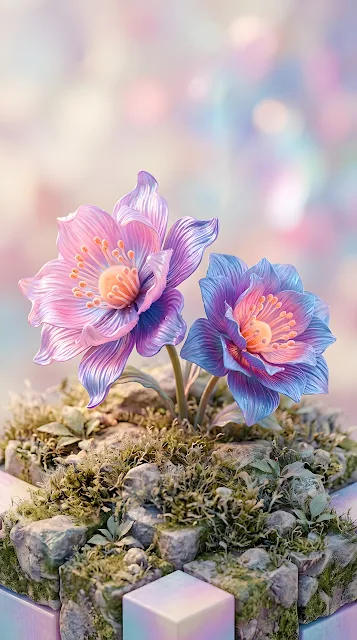Vibrant Gradient 3D Render of Stylized Spring Flowers with Bokeh Background - Free mobile Wallpaper