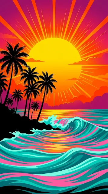 Vibrant Graphic Illustration of a Tropical Sunset with Waves and Palms - Free 4K & 8K mobile Wallpaper