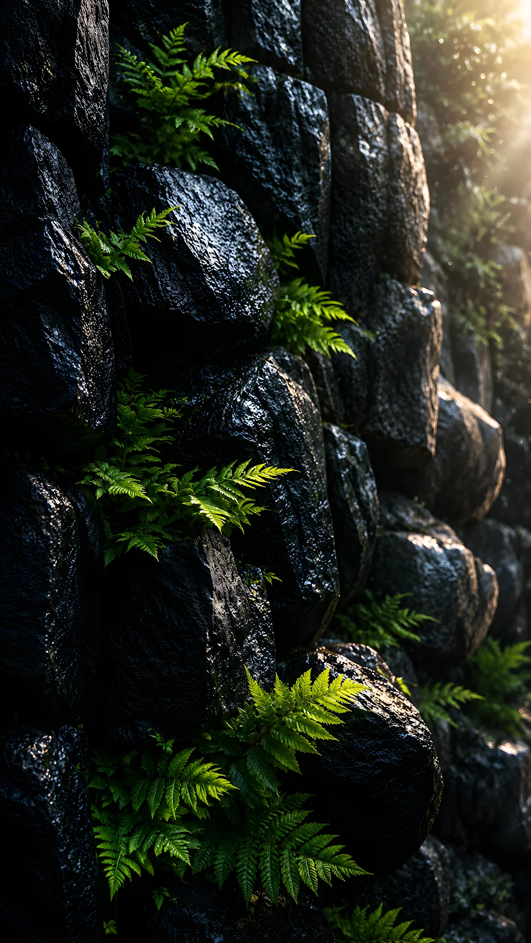 Vibrant green ferns growing out of wet black basalt stone wall in sunlight - Free 4K mobile Wallpaper