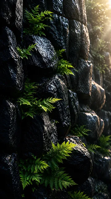 Close-up of bright green fern leaves sprouting from dark wet rock wall with soft sunlight streaks.