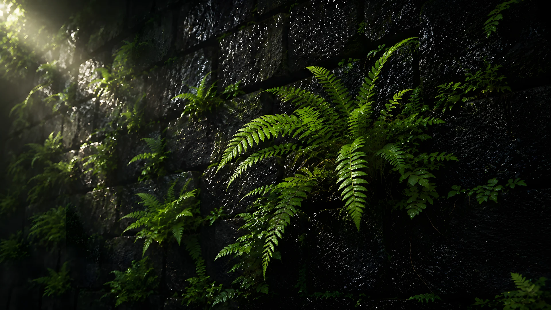 Vibrant green ferns growing out of wet black basalt stone wall in sunlight - Free 4K desktop Wallpaper