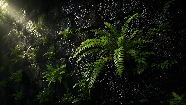 Close-up of bright green fern leaves sprouting from dark wet rock wall with soft sunlight streaks.