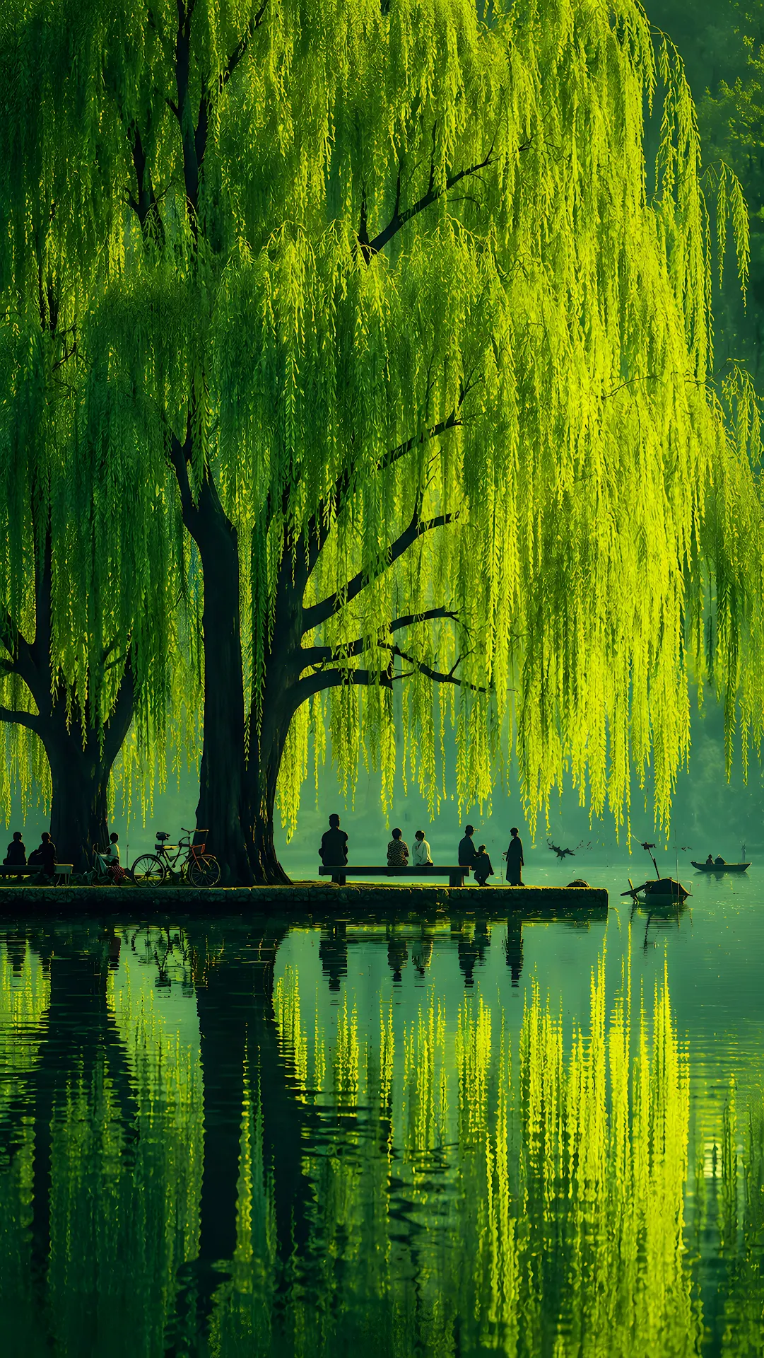 Vibrant green weeping willow tree over lake with silhouetted people resting - Free 4K mobile Wallpaper