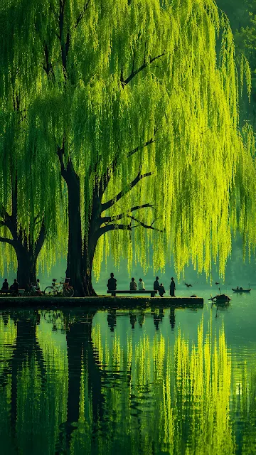 Large leafy green weeping willow tree with drooping branches reflected vividly in calm green lake water where people sit on benches.