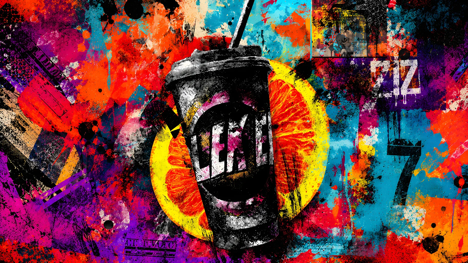 Vibrant grunge street art soda cup with citrus slice and paint splatters - Free 4K desktop Wallpaper