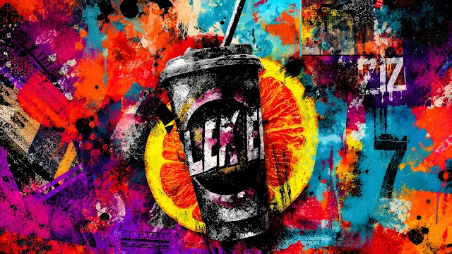 Monochrome take-away soda cup centered over a bright orange slice and colorful graffiti paint splatters.