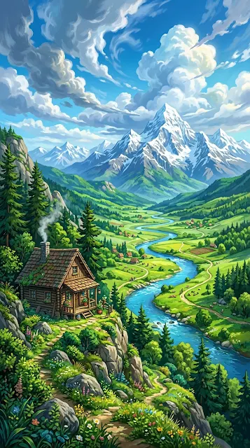Vibrant Illustration of a Mountain Valley with a River and Cabins - Free 4K & 8K mobile Wallpaper