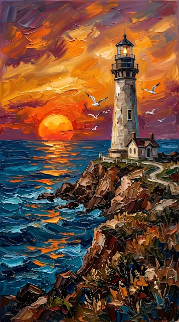 Vibrant Impasto Painting of a Lighthouse at Sunset with Birds - Free mobile Wallpaper