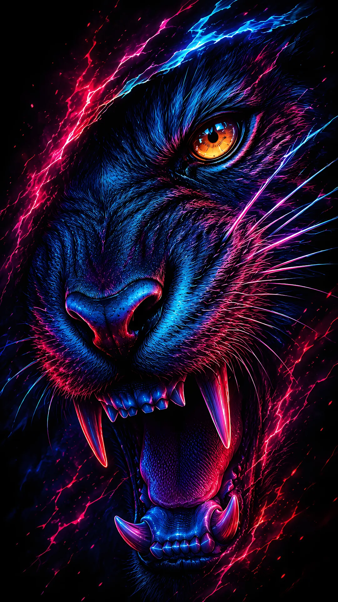 Vibrant Neon Black Panther Roaring with Electric Energy Lighting - Free 4K mobile Wallpaper