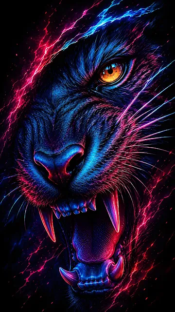 Close up of a black panther snarling with bright pink and cyan electric lightning highlights against a dark background.