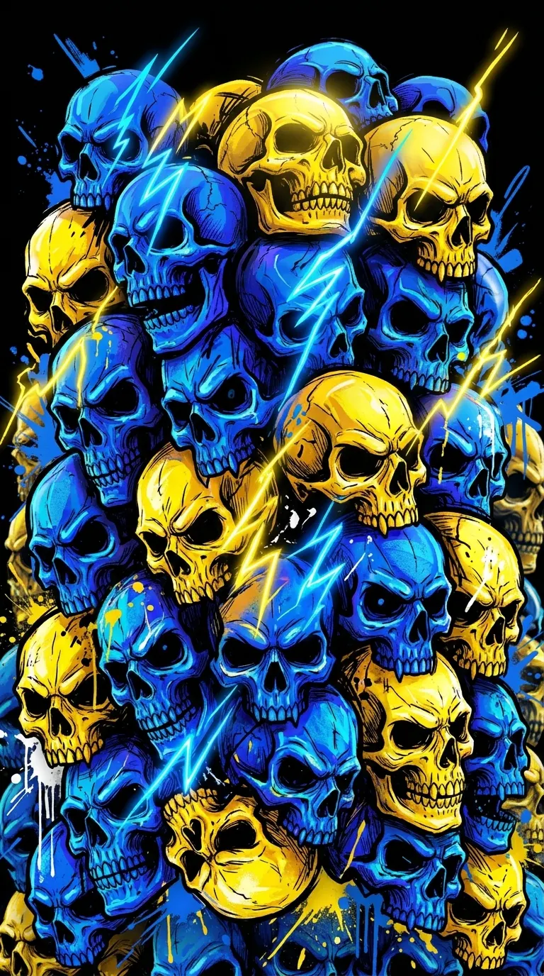 Download Vibrant Neon Blue and Yellow Acid Graffiti Skulls Pile Wallpaper in 4K UHD Vibrant Neon Blue and Yellow Acid Graffiti Skulls Pile - Free 8K and 4K mobile Wallpaper Background