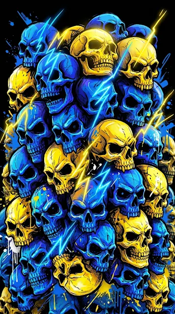 Vibrant Neon Blue and Yellow Acid Graffiti Skulls Pile - Free 4K & 8K mobile Wallpaper