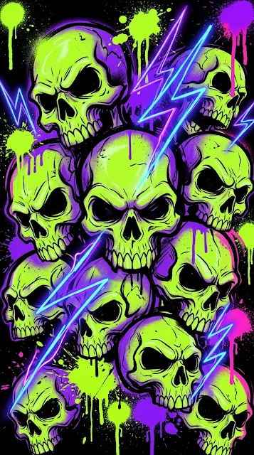 Vibrant Neon Lime Green and Purple Acid Graffiti Skulls Pile - Free 4K & 8K mobile Wallpaper