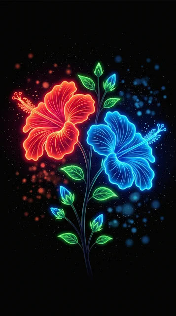 Glowing red and cyan neon hibiscus flowers on a slender green stem against a black background with bokeh sparkles.