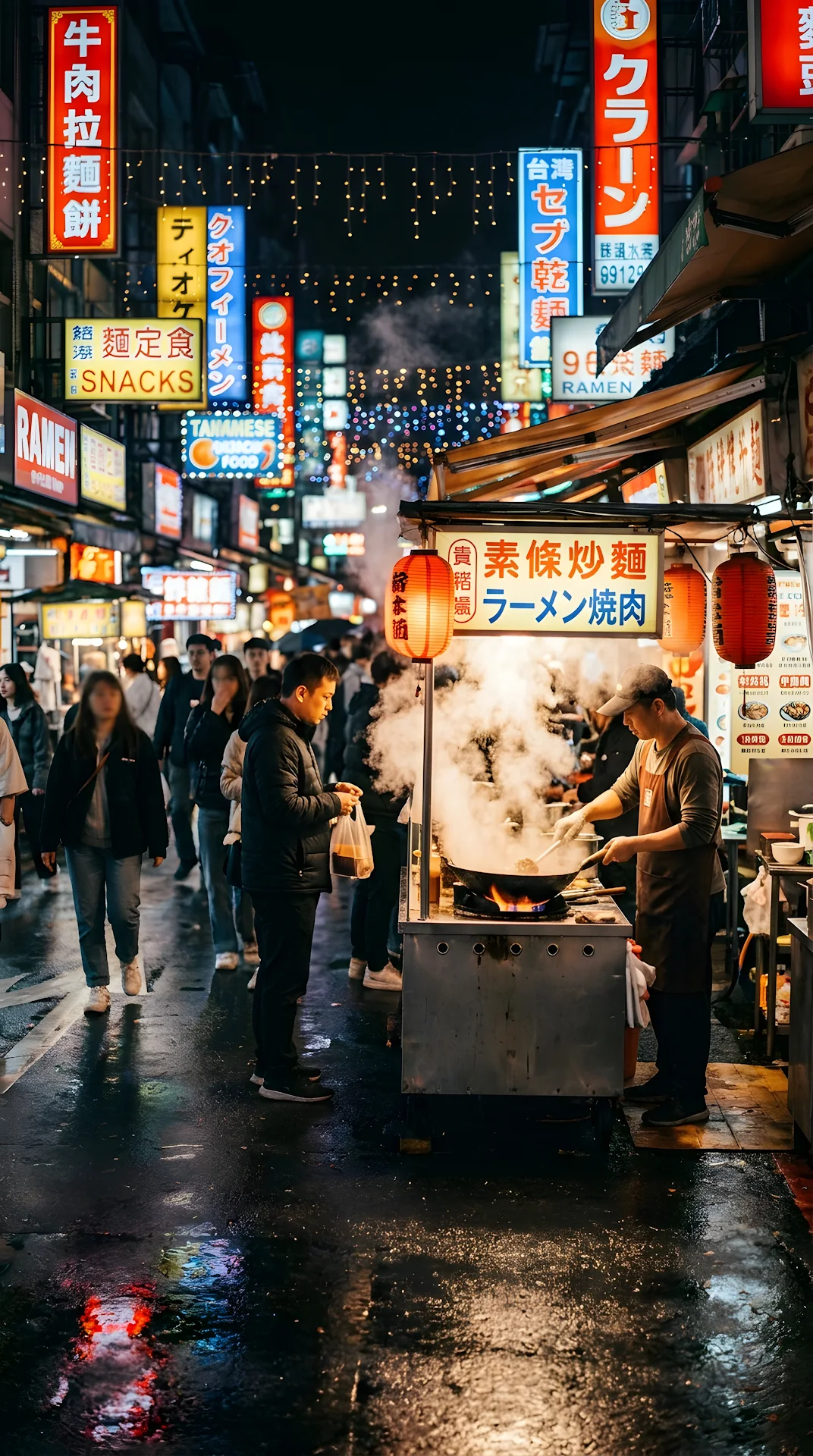 Vibrant Night Market with Steam and Neon Signs - Free 4K mobile Wallpaper