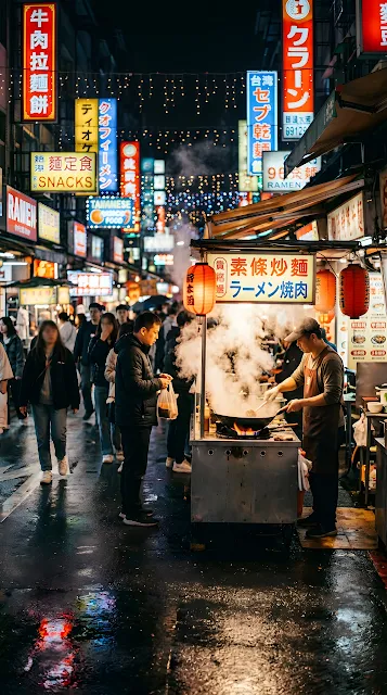 Vibrant Night Market with Steam and Neon Signs - Free mobile Wallpaper