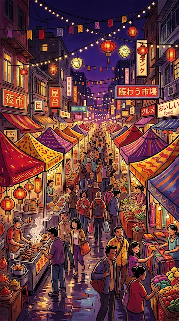 Vibrant Night Street Market with Colorful Awnings and Lights - Free 4K & 8K mobile Wallpaper