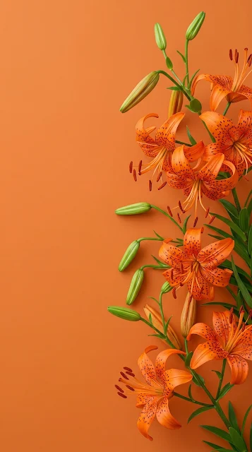 Vibrant Orange Lilies Arranged over Flat Orange Background - Free 4K & 8K mobile Wallpaper