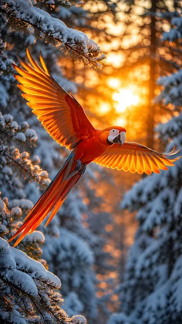 Action macro photograph of a colorful orange and white macaw parrot in mid-flight with wings spread among snow-covered pine branches at golden hour.