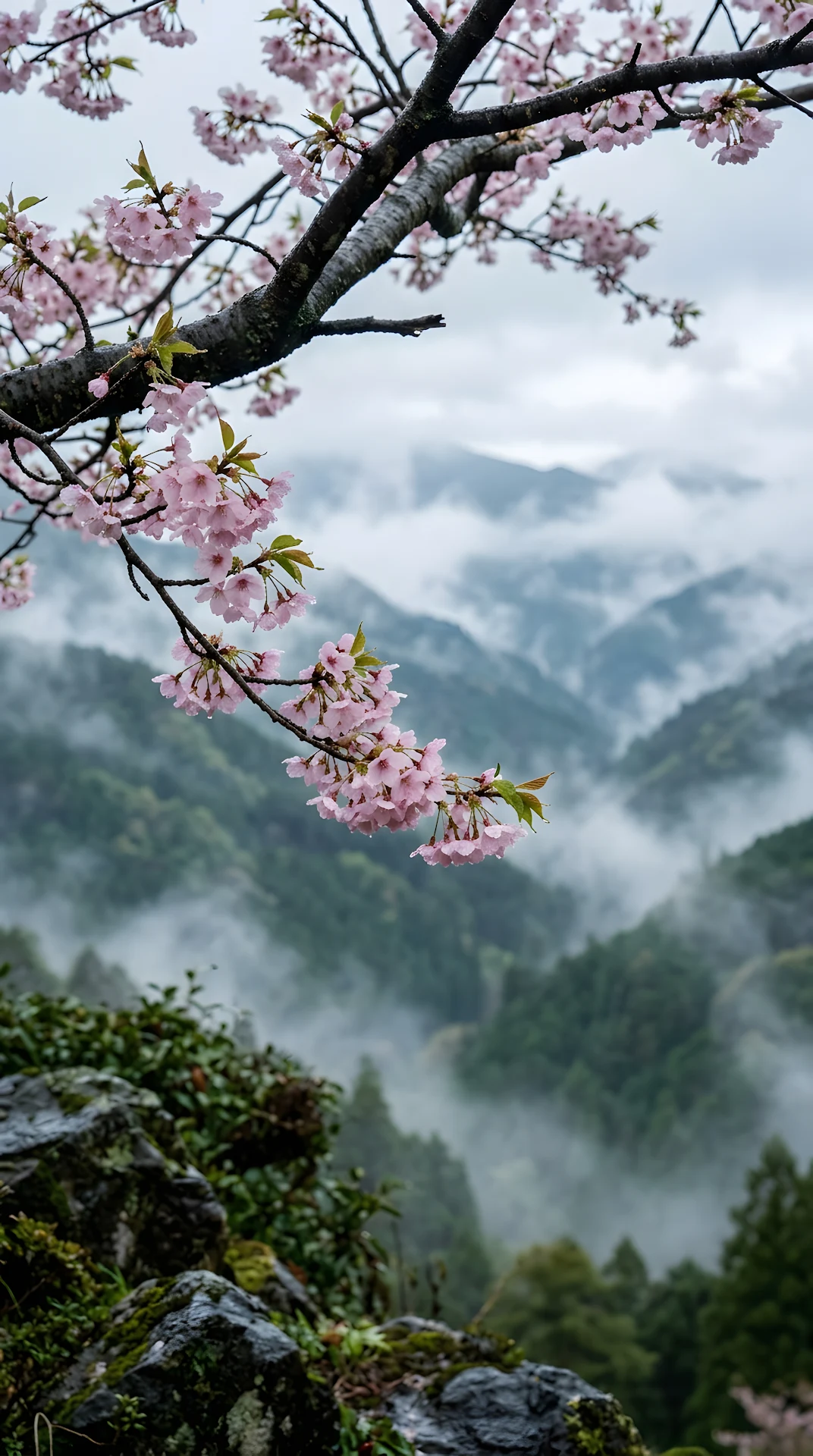Vibrant Pink Cherry Blossoms Overlooking a Misty Green Mountain Valley - Free 4K mobile Wallpaper