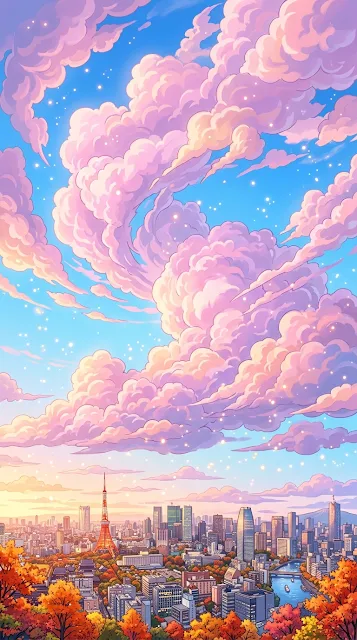Vibrant Pink Clouds Over a Modern City Skyline - Free 4K & 8K mobile Wallpaper