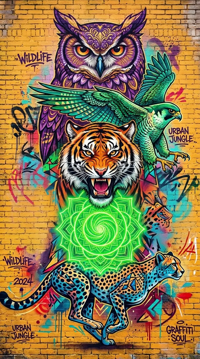 Download Vibrant Psychedelic Graffiti Mural of Forest Animal Totems Wallpaper in 4K UHD Vibrant Psychedelic Graffiti Mural of Forest Animal Totems - Free 8K and 4K mobile Wallpaper Background