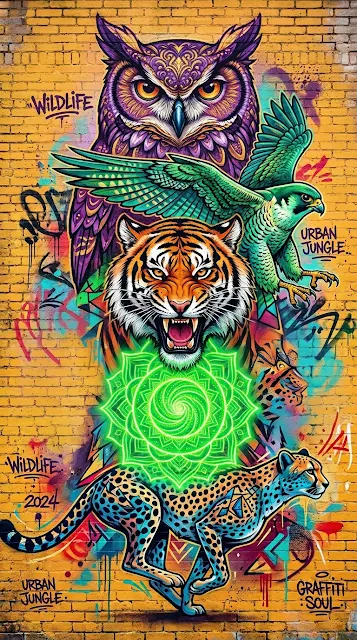 Vibrant Psychedelic Graffiti Mural of Forest Animal Totems - Free 4K & 8K mobile Wallpaper
